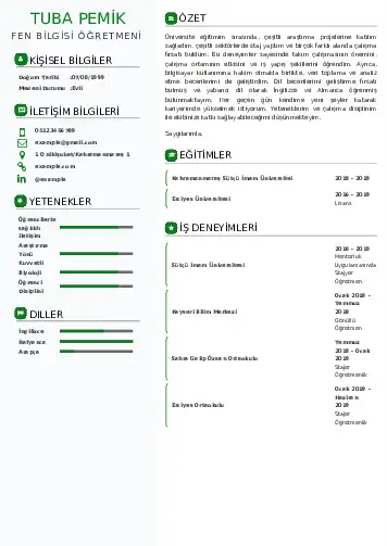 Fen Bilgisi Öğretmeni CV Örnekleri cv indir
